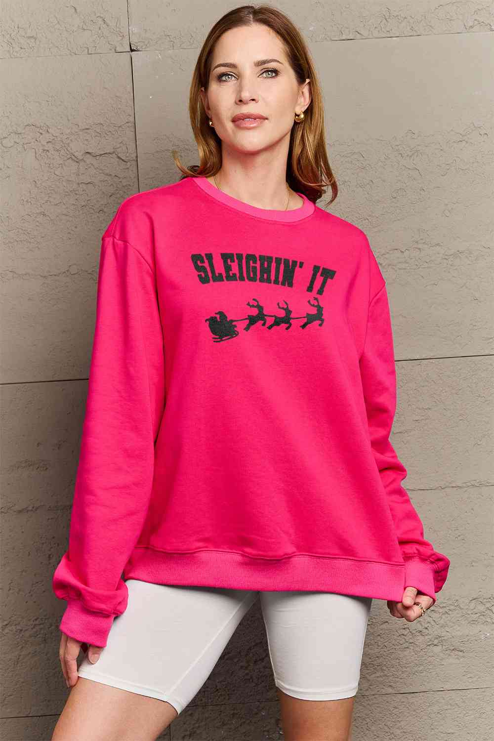 Simply Love Full Size SLEIGHIN' IT Graphic Sweatshirt BLUE ZONE PLANET