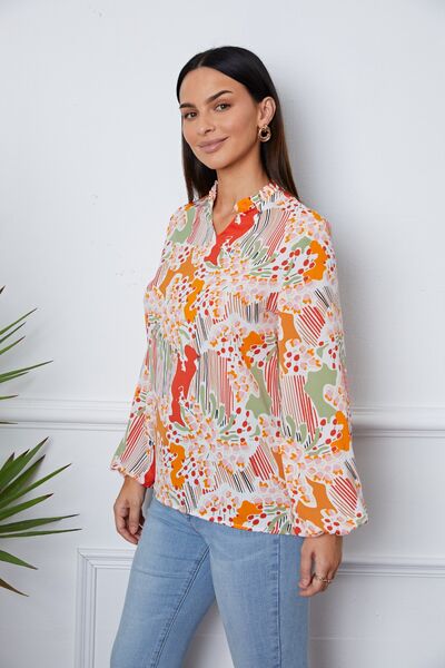 Floral Frill Notched Long Sleeve Blouse Trendsi