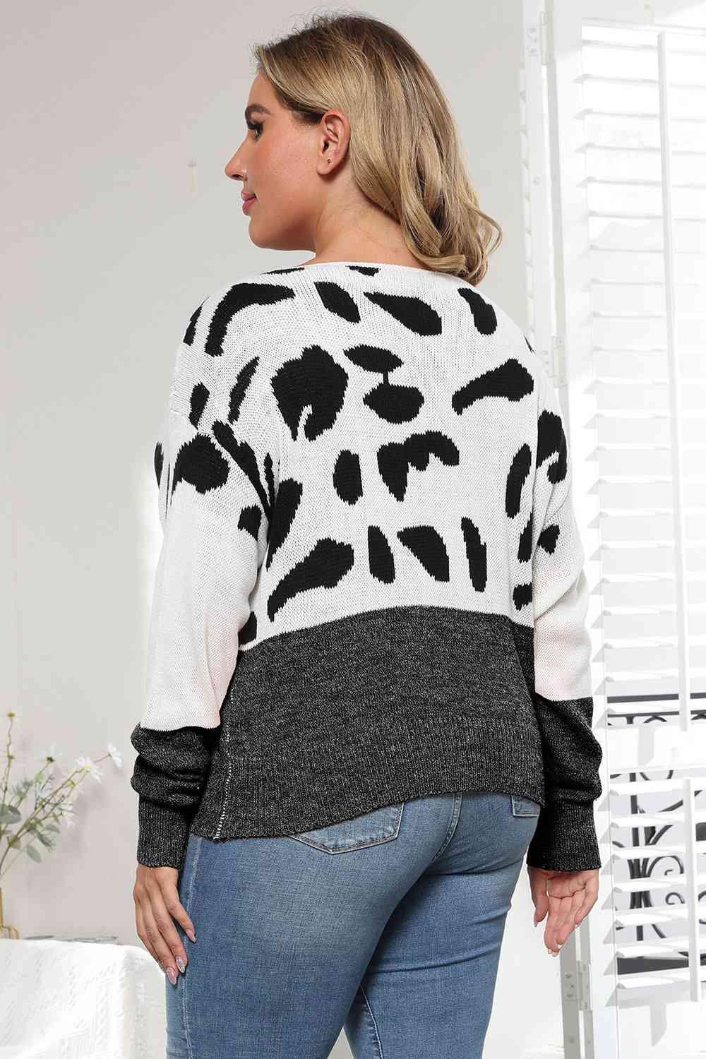 Plus Size Leopard Round Neck Long Sleeve Sweater BLUE ZONE PLANET