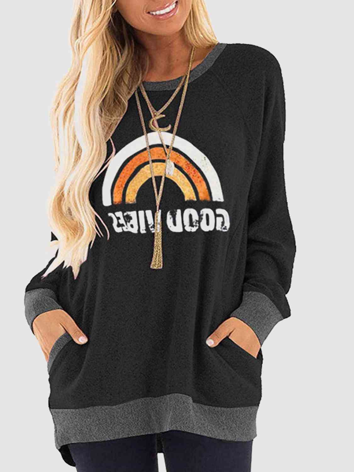 Rainbow Graphic Round Neck Sweatshirt with Pockets BLUE ZONE PLANET