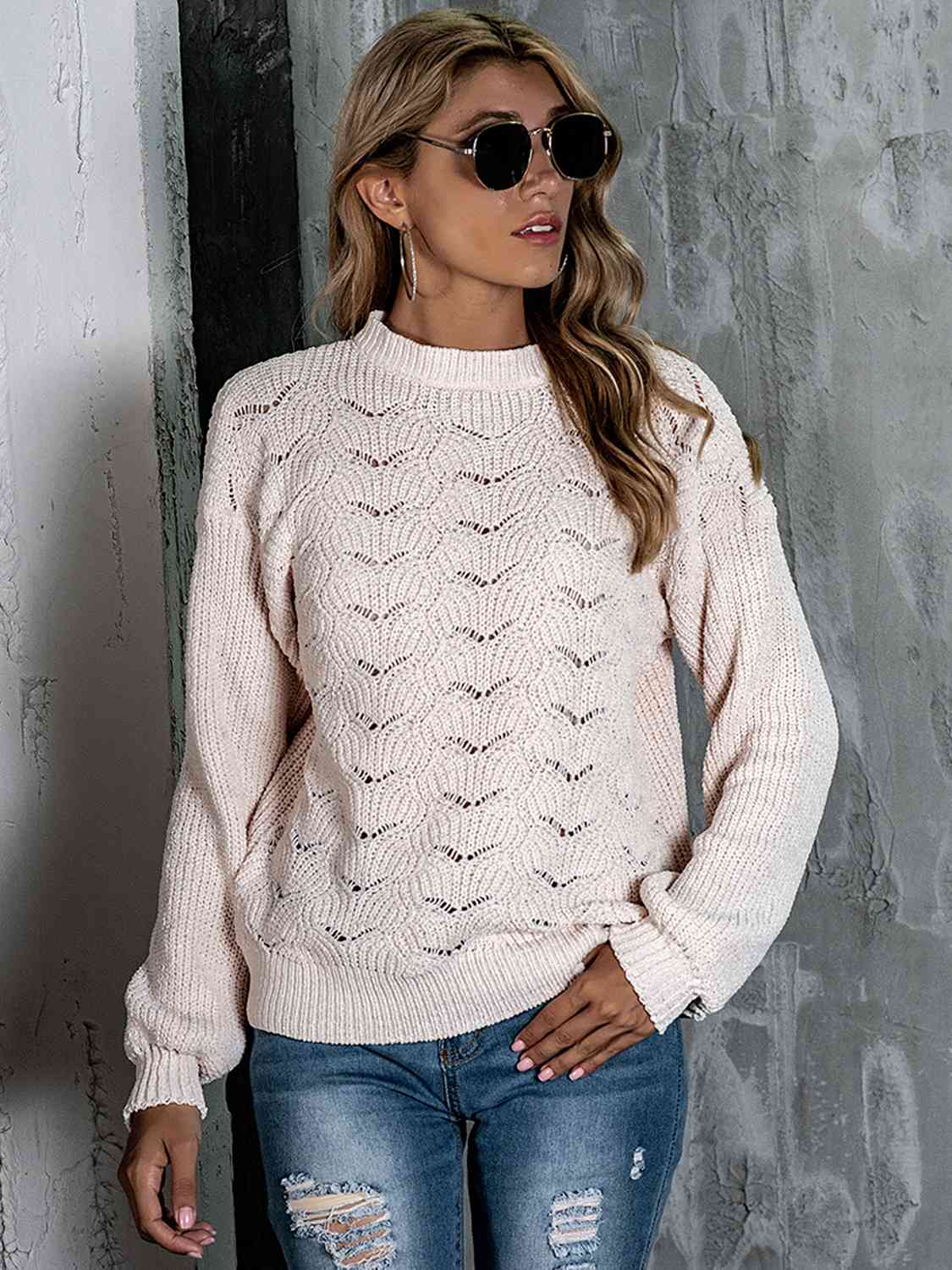 Openwork Mock Neck Long Sleeve Sweater BLUE ZONE PLANET