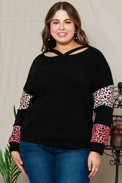 Plus Size Leopard Dropped Shoulder Long Sleeve T-Shirt BLUE ZONE PLANET