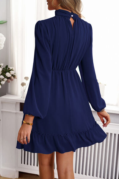 Frill Ruched Mock Neck Balloon Sleeve Dress-TOPS / DRESSES-[Adult]-[Female]-2022 Online Blue Zone Planet