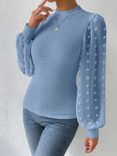 Swiss Dot Waffle-Knit Lantern Sleeve T-Shirt Trendsi