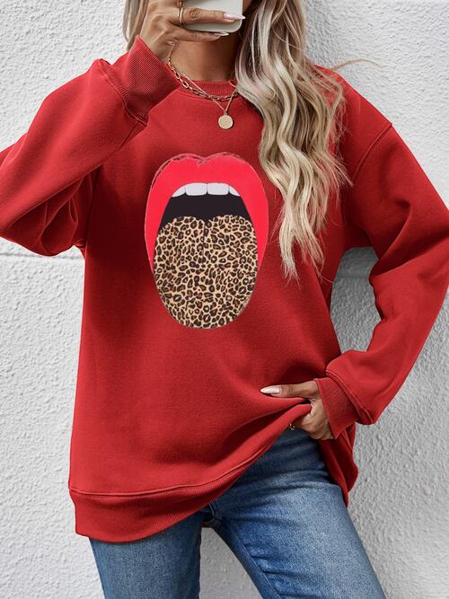 Leopard Lip Graphic Round Neck Sweatshirt BLUE ZONE PLANET