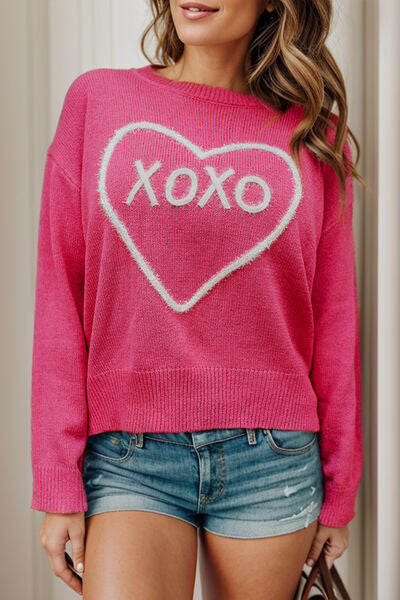 Blue Zone Planet |  XOXO Heart Round Neck Dropped Shoulder Sweater BLUE ZONE PLANET