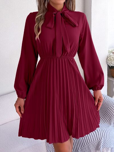 Tie Neck Balloon Sleeve Pleated Dress-TOPS / DRESSES-[Adult]-[Female]-Wine-S-2022 Online Blue Zone Planet
