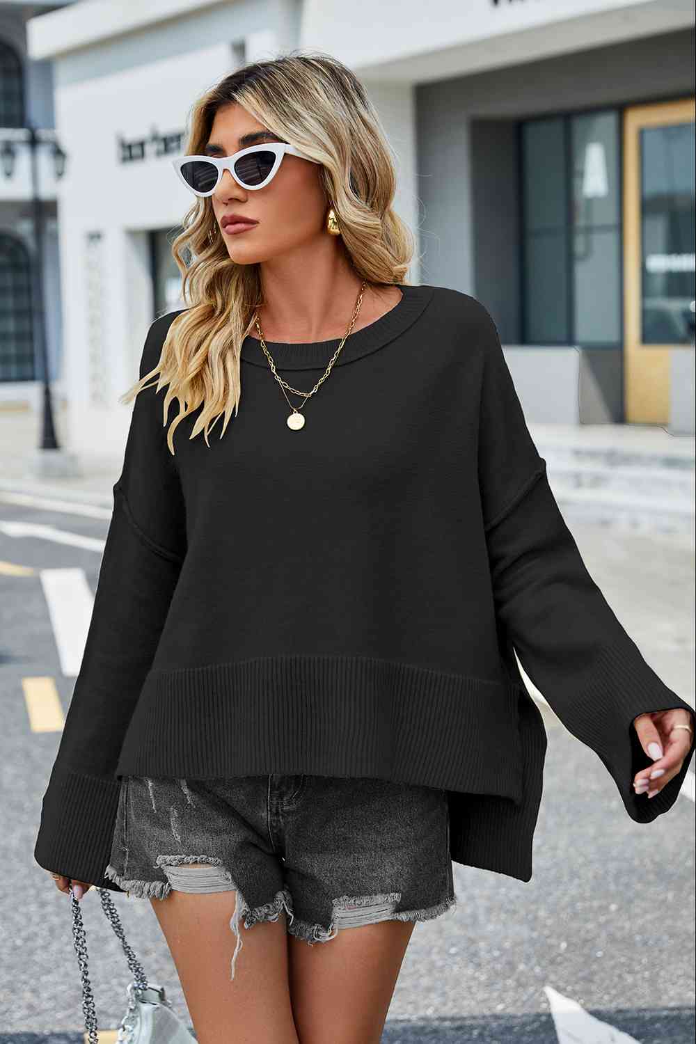 Round Neck Dropped Shoulder Slit Sweater BLUE ZONE PLANET