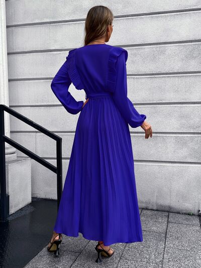 Blue Zone Planet |  Pleated Surplice Tie Waist Maxi Dress BLUE ZONE PLANET