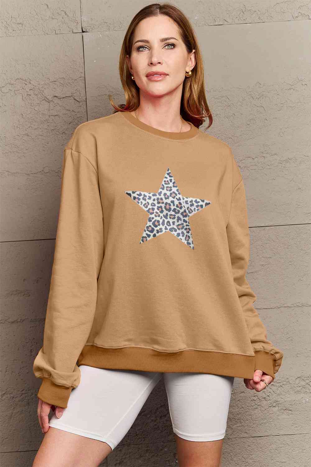 Simply Love Full Size Leopard Star Graphic Sweatshirt BLUE ZONE PLANET