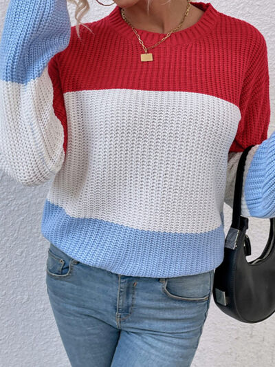 Color Block Round Neck Sweater BLUE ZONE PLANET