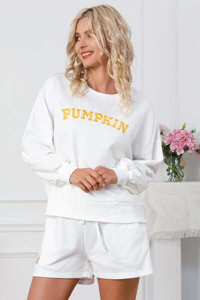 PUMPKIN Round Neck Sweatshirt and Shorts Set-TOPS / DRESSES-[Adult]-[Female]-2022 Online Blue Zone Planet