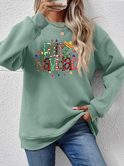 FELIZ NAVIDAD Round Neck Drop Shoulder Sweatshirt BLUE ZONE PLANET