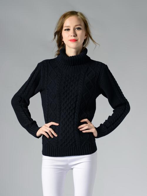 Cable-Knit Turtleneck Long Sleeve Sweater BLUE ZONE PLANET