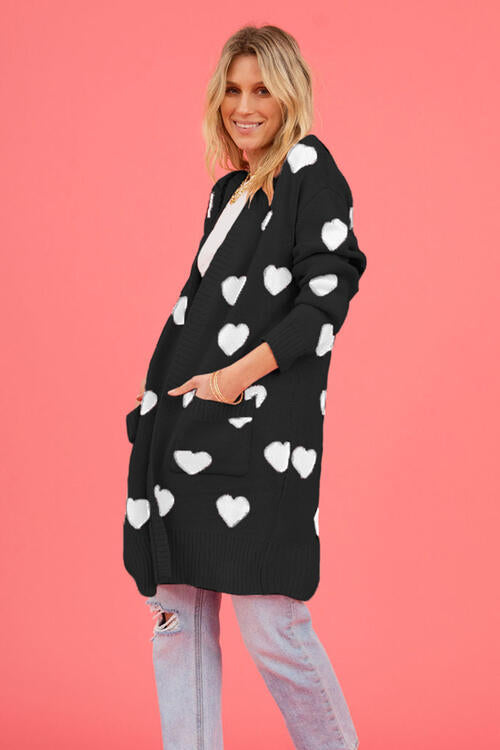 Heart Graphic Open Front Cardigan with Pockets BLUE ZONE PLANET