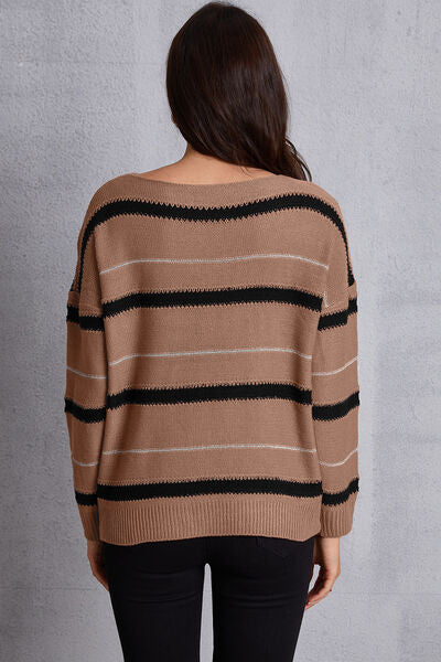 Striped Round Neck Dropped Shoulder Sweater-TOPS / DRESSES-[Adult]-[Female]-2022 Online Blue Zone Planet