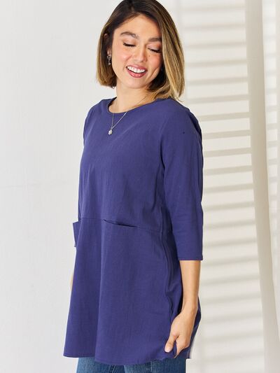 Pocketed Round Neck Half Sleeve Blouse BLUE ZONE PLANET