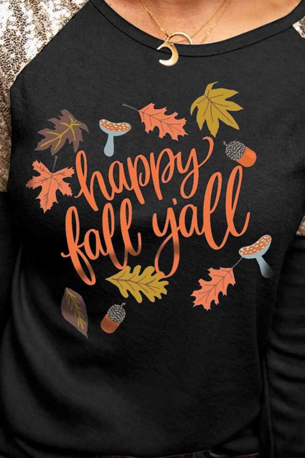 HAPPY FALL Y'ALL Graphic Sequin T-Shirt BLUE ZONE PLANET