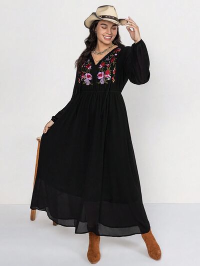 Plus Size Embroidered Tie Neck Long Sleeve Dress BLUE ZONE PLANET