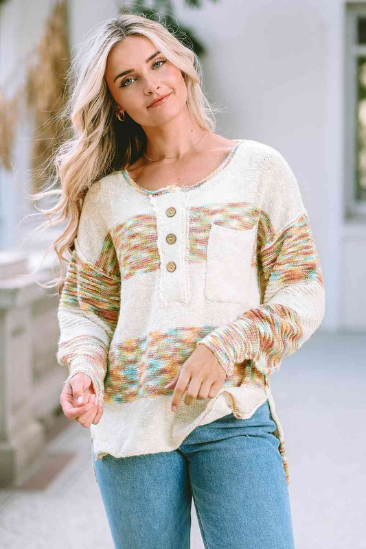 High-Low Half Button Dropped Shoulder Sweater BLUE ZONE PLANET