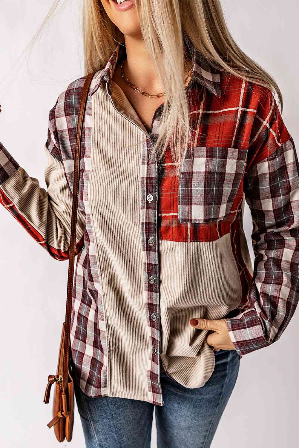 Plaid Collared Neck Buttoned Shirt with Pocket BLUE ZONE PLANET