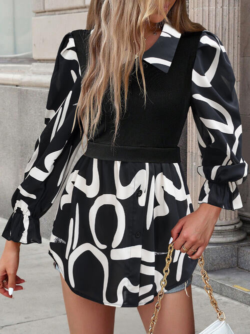 Collared Neck Black And White Color-Contrast Print Long Sleeve Shirt BLUE ZONE PLANET