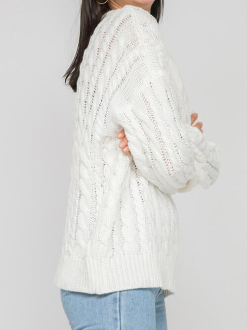 Openwork Round Sleeve Cable-Knit Sweater BLUE ZONE PLANET