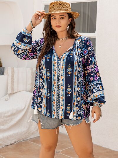 Blue Zone Planet |  Plus Size Tie Neck Tassel Printed Blouse BLUE ZONE PLANET