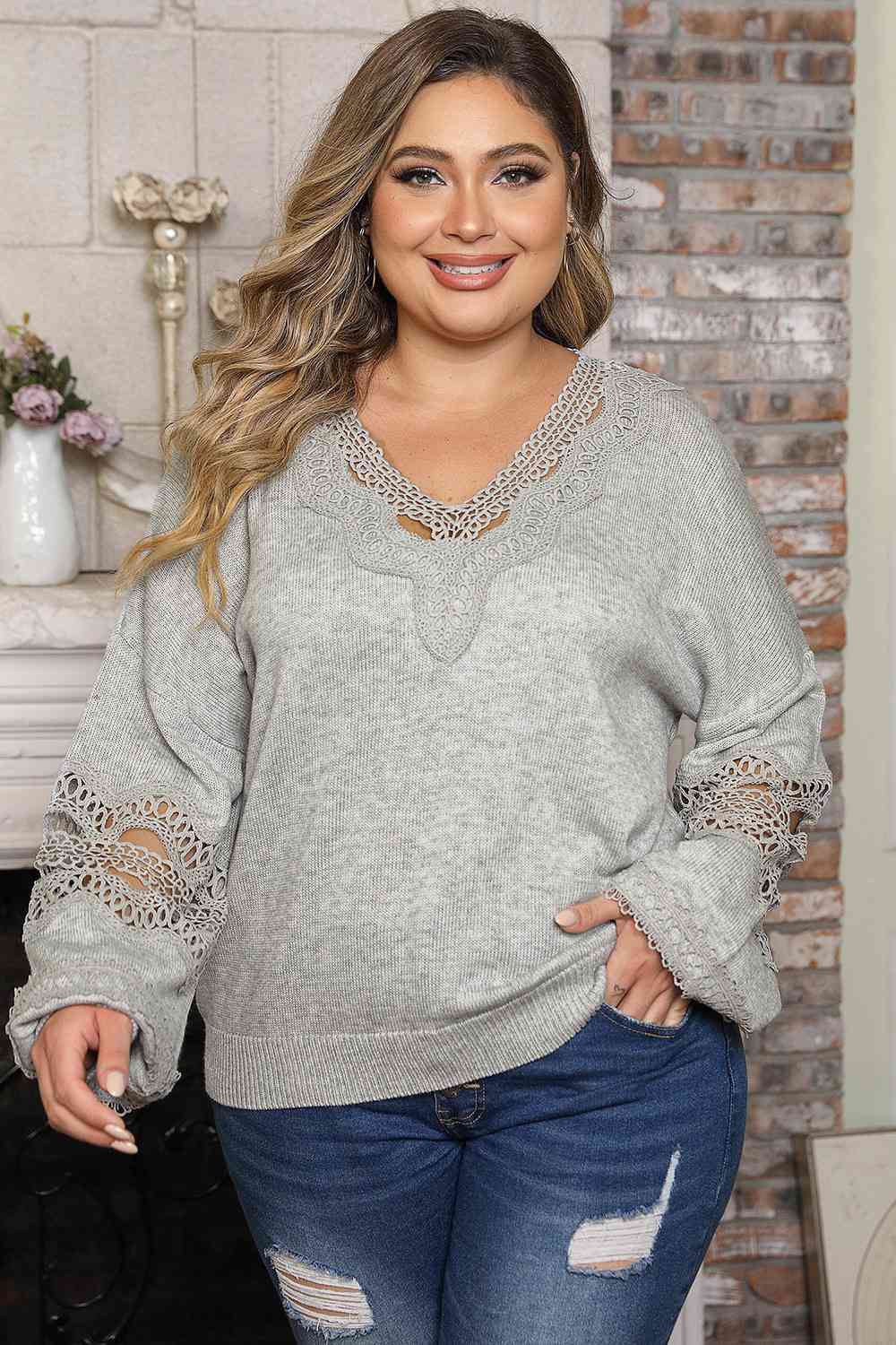 Plus Size Crochet Dropped Shoulder Long Sleeve Sweater BLUE ZONE PLANET