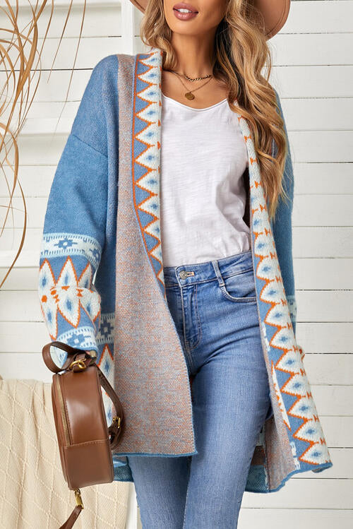 Geometric Open Front Long Sleeve Cardigan BLUE ZONE PLANET