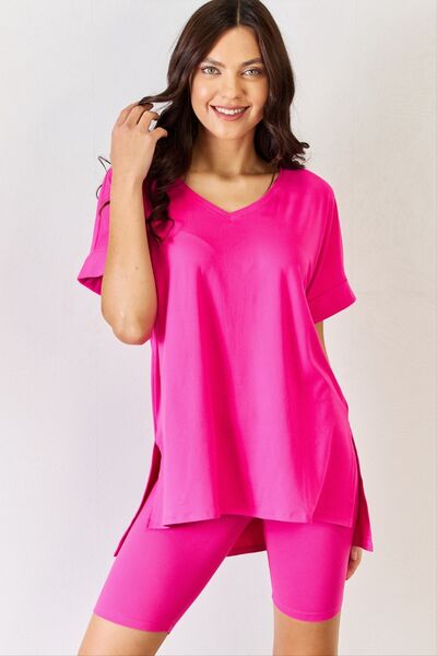 Zenana Full Size V-Neck Short Sleeve Slit T-Shirt and Shorts Set-TOPS / DRESSES-[Adult]-[Female]-Neon Hot Pink-S-2022 Online Blue Zone Planet