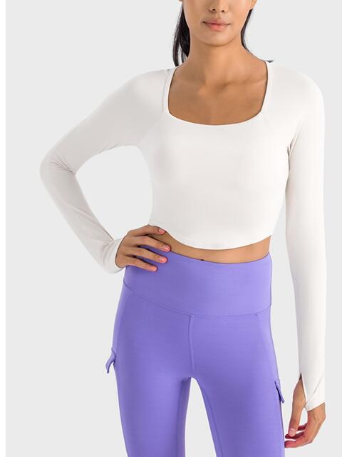 Square Neck Long Sleeve Cropped Sports Top BLUE ZONE PLANET