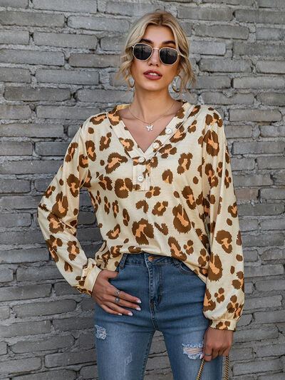 Leopard V-Neck Decorative Button Long Sleeve Blouse-TOPS / DRESSES-[Adult]-[Female]-2022 Online Blue Zone Planet