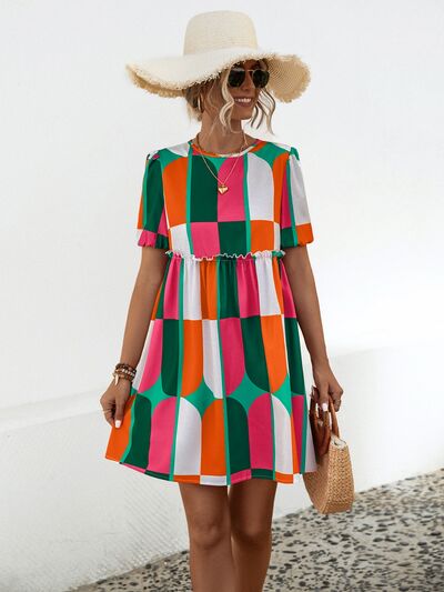Blue Zone Planet |  Geometric Frill Round Neck Short Sleeve Dress BLUE ZONE PLANET