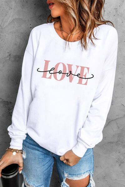 LOVE Round Neck Dropped Shoulder Sweatshirt-TOPS / DRESSES-[Adult]-[Female]-White-S-2022 Online Blue Zone Planet