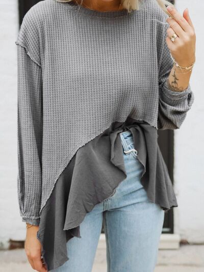 Waffle-Knit Round Neck Dropped Shoulder T-Shirt Trendsi