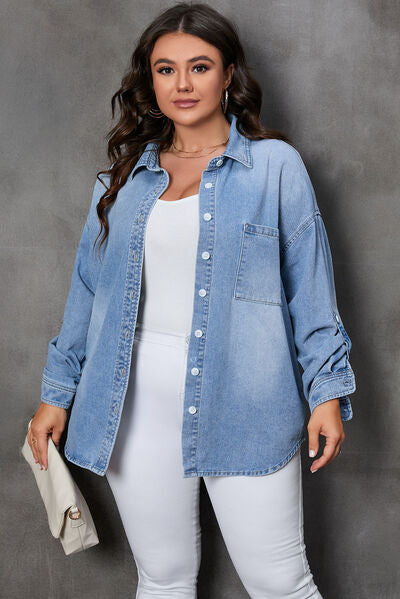 Blue Zone Planet |  Plus Size Button Up Pocketed Denim Top BLUE ZONE PLANET