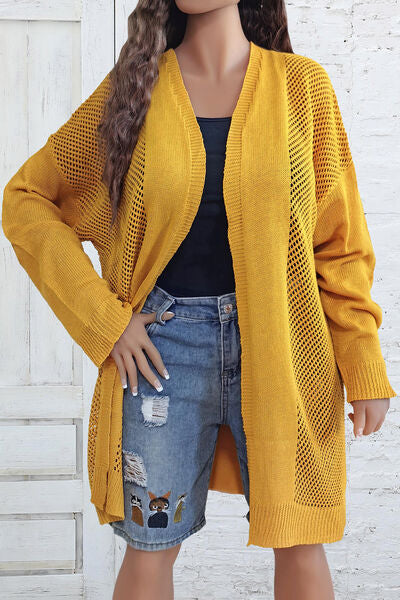 Plus Size Openwork Long Sleeve Open Front Cardigan-TOPS / DRESSES-[Adult]-[Female]-True Yellow-1XL-2022 Online Blue Zone Planet