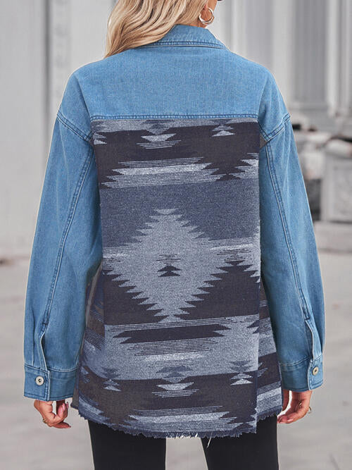 Geometric Raw Hem Button Up Denim Jacket BLUE ZONE PLANET