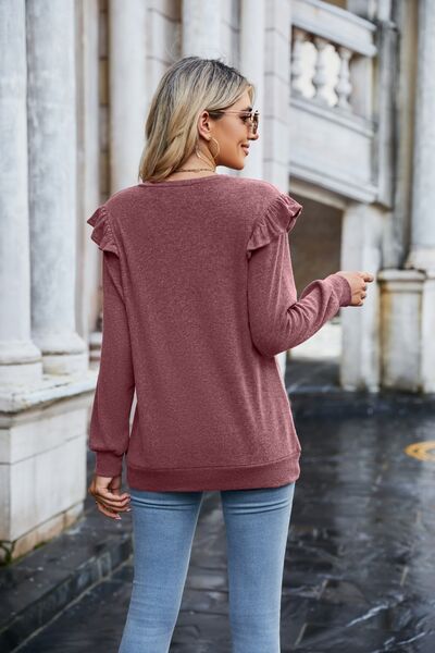 Ruffled Heathered V-Neck Long Sleeve T-Shirt Trendsi