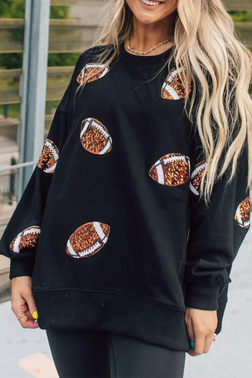 Football Sequin Patch Long Sleeve Sweatshirt Trendsi