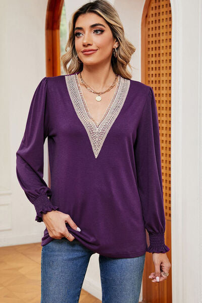 Lace Detail V-Neck Lantern Sleeve T-Shirt Trendsi