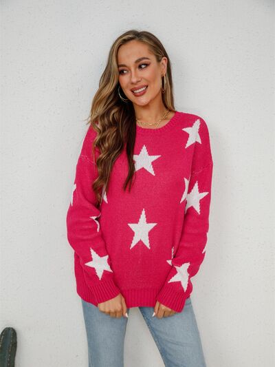 Star Round Neck Dropped Shoulder Sweater BLUE ZONE PLANET