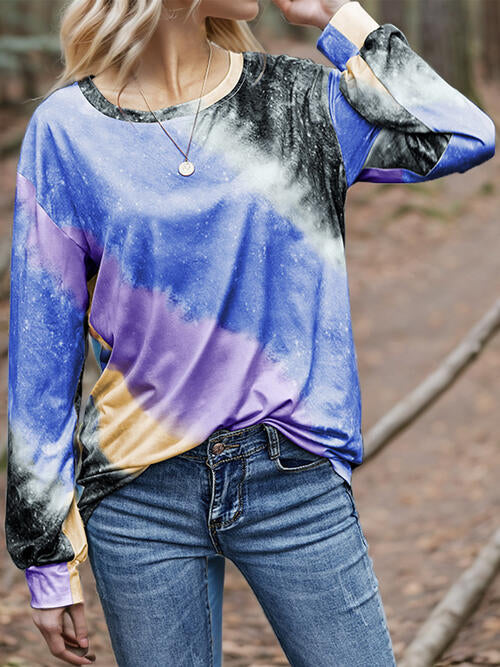 Printed Round Neck Long Sleeve T-Shirt BLUE ZONE PLANET