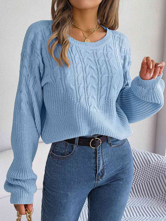 Cable-Knit Round Neck Drop Shoulder Sweater BLUE ZONE PLANET