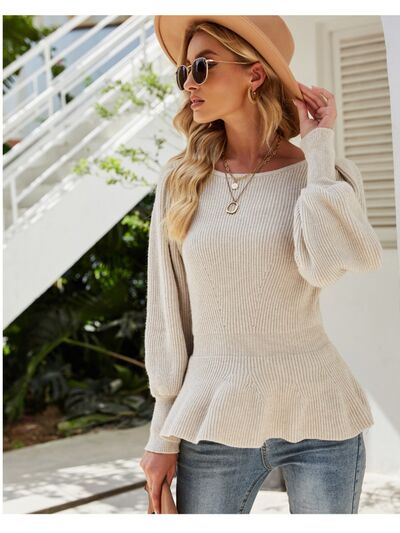 Ribbed Round Neck Lantern Sleeve Sweater Trendsi