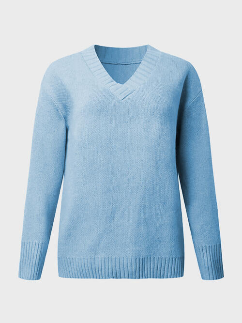 V-Neck Long Sleeve Knit Top BLUE ZONE PLANET