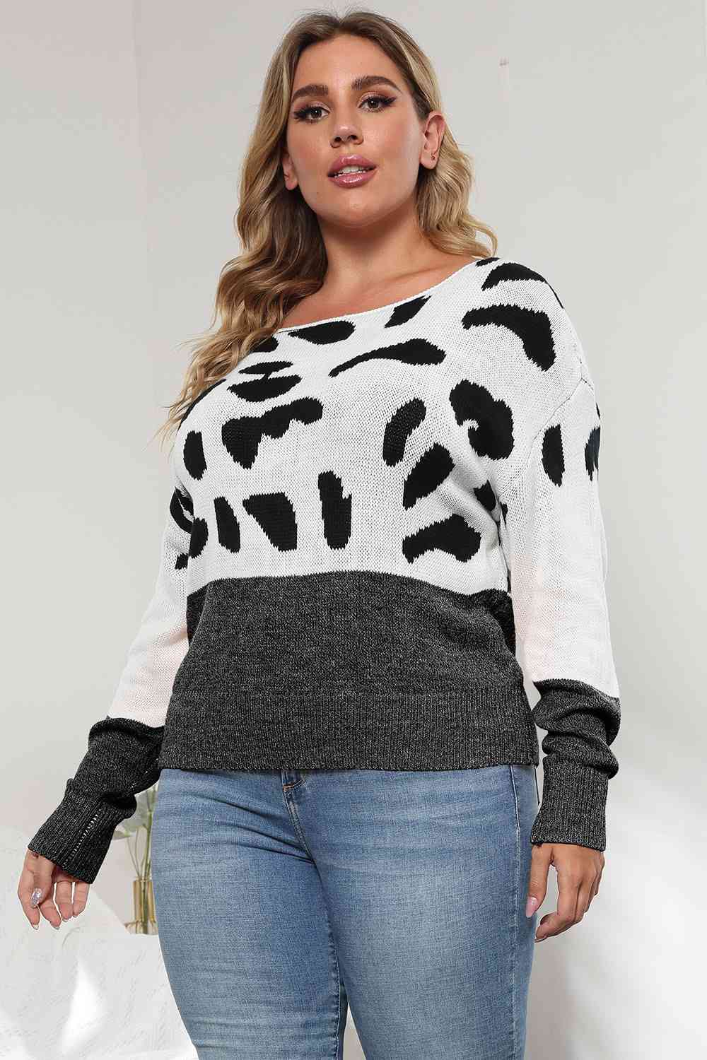 Plus Size Leopard Round Neck Long Sleeve Sweater BLUE ZONE PLANET