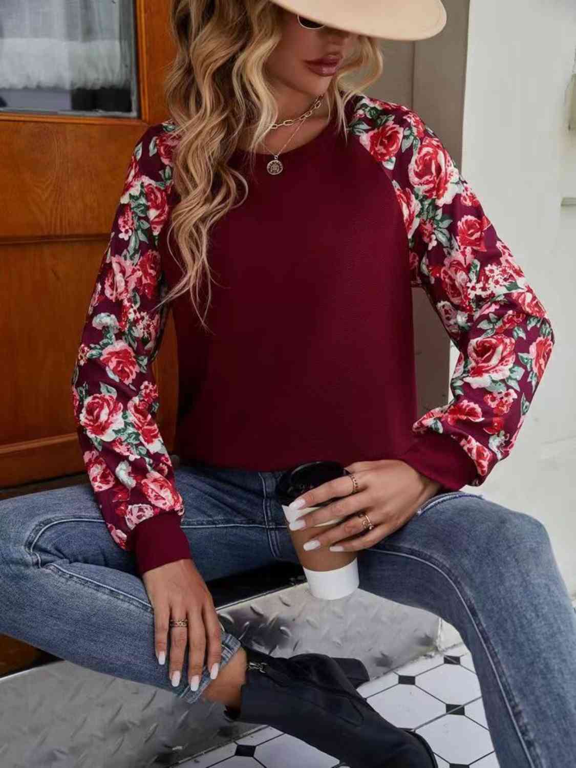 Floral Raglan Sleeve Round Neck Sweatshirt BLUE ZONE PLANET