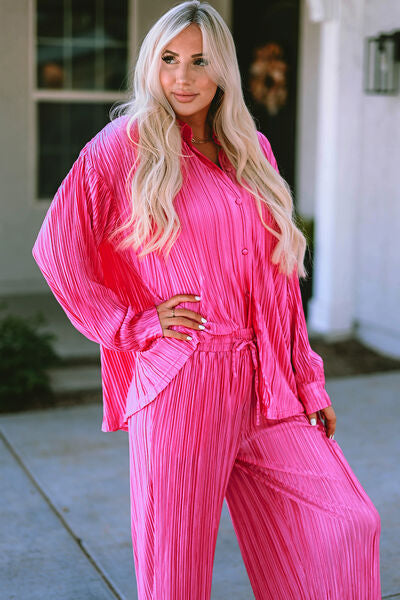 Pleated Button Up Shirt and Wide-Leg Pants Set Trendsi